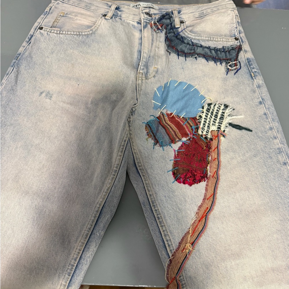 Zara Blue Denim Jeans with Red Stitching
